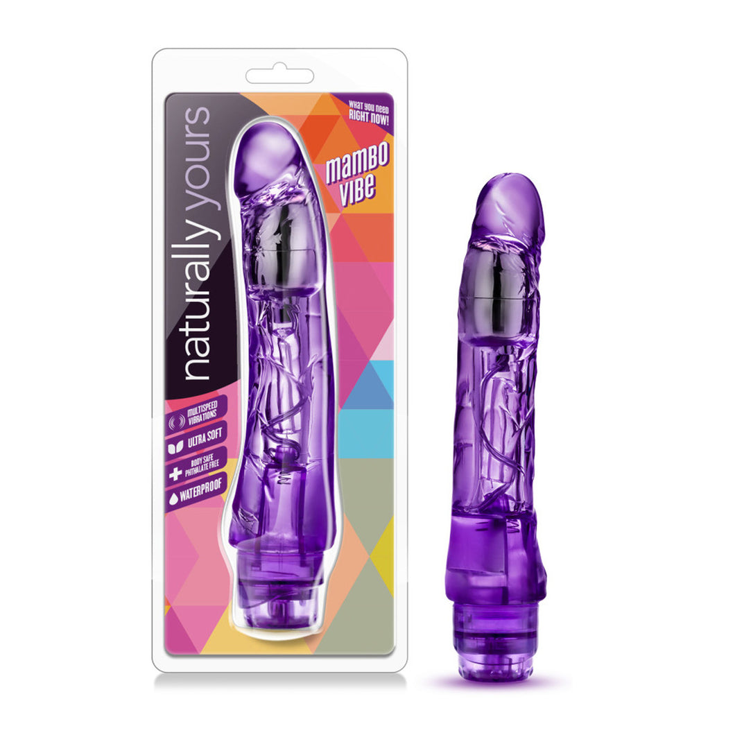 On the left side of the image is the product packaging. On the packaging naturally yours logo, product feature icons for: multispeed vibrations; Ultra soft; Body safe phthalate free; Waterproof, In the middle is the vibrator inside visible through clear packaging, 