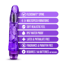 Load image into Gallery viewer, blush Naturally Yours Mambo Vibe features: FLEXISHAFT SPINE; MULTISPEED VIBRATIONS; SOFT REALISTIC FEEL; IPX7 WATER PROOF; LATEX &amp; PHTHALATE FREE; FRAGRANCE &amp; PARAFFIN FREE; REQUIRES 2 AA BATTERIES (NOT included).