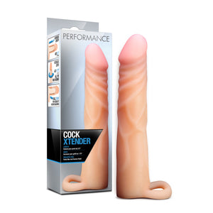 Left side of packaging a diagram; picture illustrate penis inserted in Cock Xtender "Increase length, add 2.5""; 2nd picture shows a penis inserted in Cock Xtender with arrow circling around "increase girth add 1.75" All the way around"; 3rd picture is same as 1st "Ball strap for a secure fit & delays ejaculation". Front side Performance, product image & name: Cock Xtender, "Extend your penis by 2.5"; Girth Increase your girth by 1.75"; Realistic feel Feels like human flesh", and product beside packaging.