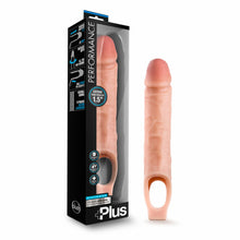 Load image into Gallery viewer, Left side of package diagram: Penis inserted into sheath &quot;increase length by 1.5&quot; Go Deep&quot;; Penis inserted in sheath &amp; arrow circling &quot;Increase girth all the way around&quot;; Arrow pointing to sheath&#39;s strap; Sheath&#39;s ribbed internal tunnel &quot;Internal ribbing to provide suction &amp; sensation&quot;. Front side shows Performance plus logo, product packaged inside, features: Extend your penis by 1.5&quot;; Soft realistic feel; phthalate free, &quot;silicone 10 inch silicone cock sheath penis extender&quot;, and product beside packaging.