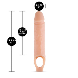 blush Performance Plus 10 Inch Cock Sheath Penis Extender measurements: Product width: 5.1 centimetres / 2 inches; Product length: 25.4 centimetres / 10 inches; Insertable length: 18.4 centimetres / 7.25 inches.