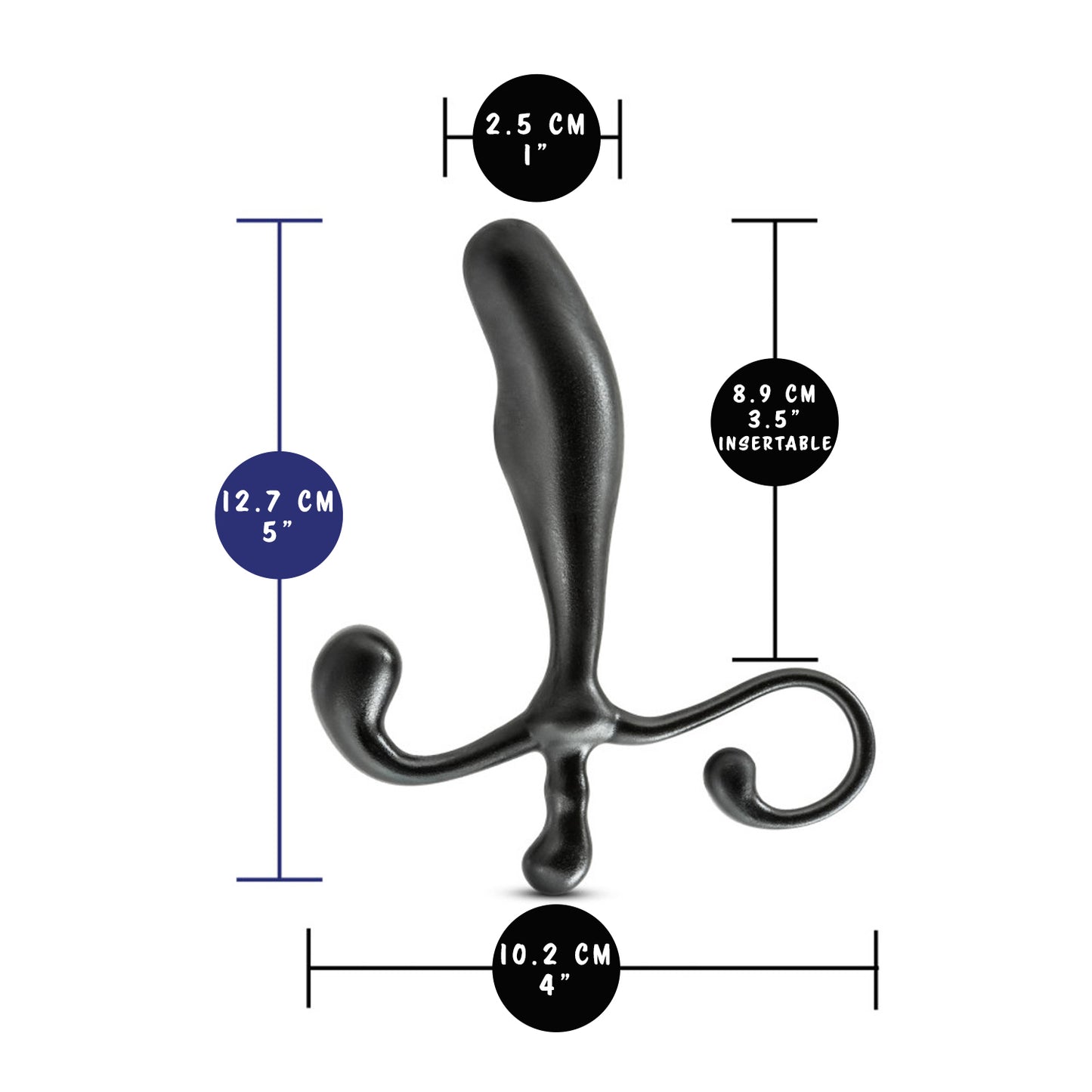 blush Performance Prostimulator VX1 measurements: Insertable width: 2.5 centimetres / 1 inch; Product length: 12.7 centimetres / 5 inches; Insertable length: 8.9 centimetres / 3.5 inches; Product width: 10.2 centimetres / 4 inches.