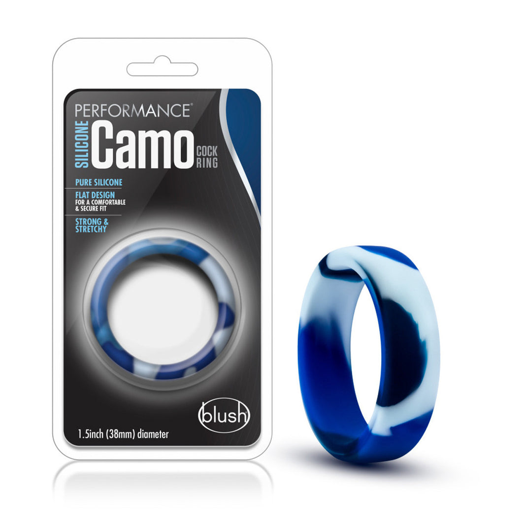 On the left side of the image is the product packaging. On the packaging is the performance logo, product name: Silicone Camo Cock rings, product features: Pure silicone; Flat design for a comfortable & secure fit; strong & stretchy, in the middle is the product visible through clear packaging, 