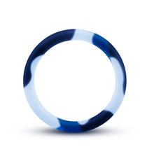 Load image into Gallery viewer, Side view of the blush Performance Silicone Blue Camo Cock Ring.
