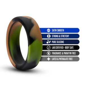 blush Performance Silicone Camo Cock Ring features: SATIN SMOOTH; STRONG & STRETCHY; PURE SILICONE; LAB CERTIFIED - BODY SAFE; FRAGRANCE & PARAFFIN FREE; LATEX & PHTHALATE FREE.