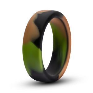 Front side of the blush Performance Silicone Green Camo Cock Ring.