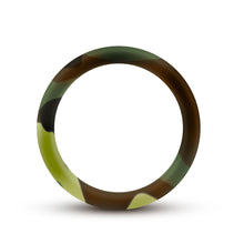Load image into Gallery viewer, Side view of the blush Performance Silicone Green Camo Cock Ring
