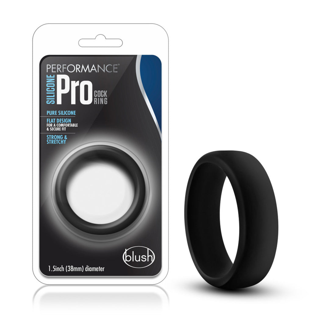 On the left side of the image is the packaging. On the packaging is the Performance logo, product name: Silicone Pro Cock Ring, product features: Pure silicone; Flat design for a comfortable & secure fit; Strong & stretchy, in the middle is the product inside visible through clear packaging, at the bottom 