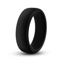 Load image into Gallery viewer, Front side view of the blush Performance Silicone Pro black Cock Ring