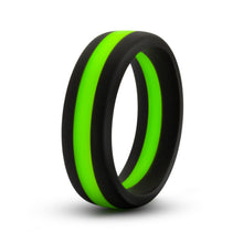 Load image into Gallery viewer, Front side view of the blush Performance Silicone Pro black/green Cock Ring