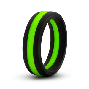 Front side view of the blush Performance Silicone Pro black/green Cock Ring