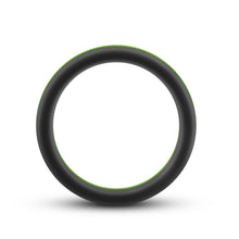 Load image into Gallery viewer, Side view of the blush Performance Silicone Pro black/green Cock Ring.
