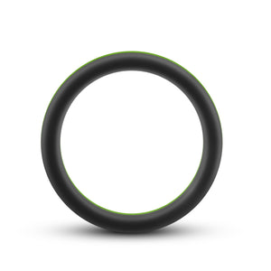 Side view of the blush Performance Silicone Pro black/green Cock Ring.