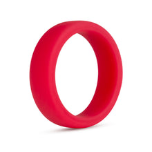 Load image into Gallery viewer, Front side view of the blush Performance Silicone Pro red Cock Ring.