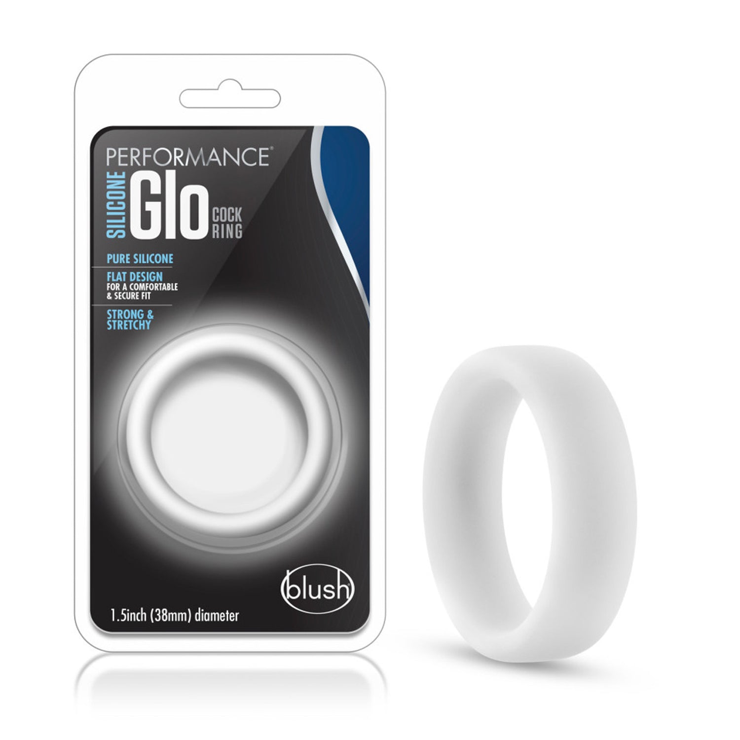 On the left side of the image is the product packaging. On the packaging is the Performance logo, product name: Silicone Glo Cock Ring, product features: Pure silicone; Flat design for a comfortable & secure fit; strong & stretchy, the product inside visible through clear packaging, "1.5inch (38mm) diameter, and the blush logo in the bottom right. Beside the packaging is the product blush Performance Silicone white Glo Blue Cock Ring.
