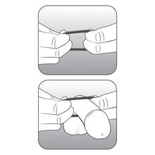 Load image into Gallery viewer, 2 illustrated images showing how to put on the blush Performance VS1 Pure Premium Silicone Cock Rings. 1st image showing the rings being stretched using two hands, and two fingers on each side of the ring. 2nd image showing the stretched ring being put on the penis shaft, and placed towards the ball sack.