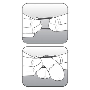 2 illustrated images showing how to put on the blush Performance VS1 Pure Premium Silicone Cock Rings. 1st image showing the rings being stretched using two hands, and two fingers on each side of the ring. 2nd image showing the stretched ring being put on the penis shaft, and placed towards the ball sack.