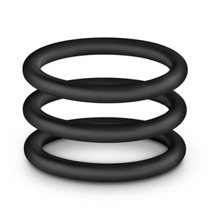 blush Performance VS1 Pure Premium Silicone Cock Rings horizontally falling stacked on each other.
