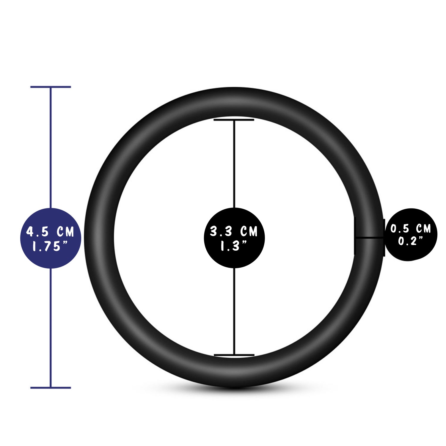 blush Performance VS1 Pure Premium Silicone Cock Rings measurements: Product width: 4.5 centimetres / 1.75 inches; Insertable width: 3.3 centimetres / 1.3 inches; Ring thickness: 0.5 centimetres / 0.2 inches.