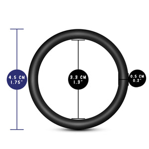 blush Performance VS1 Pure Premium Silicone Cock Rings measurements: Product width: 4.5 centimetres / 1.75 inches; Insertable width: 3.3 centimetres / 1.3 inches; Ring thickness: 0.5 centimetres / 0.2 inches.