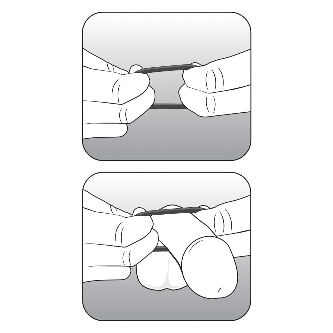 2 illustrated images showing how to put on the blush Performance VS2 Pure Premium Silicone Cock Rings. 1st image showing the rings being stretched using two hands, and two fingers on each side of the ring. 2nd image showing the stretched ring being put on the penis shaft, and placed towards the ball sack.