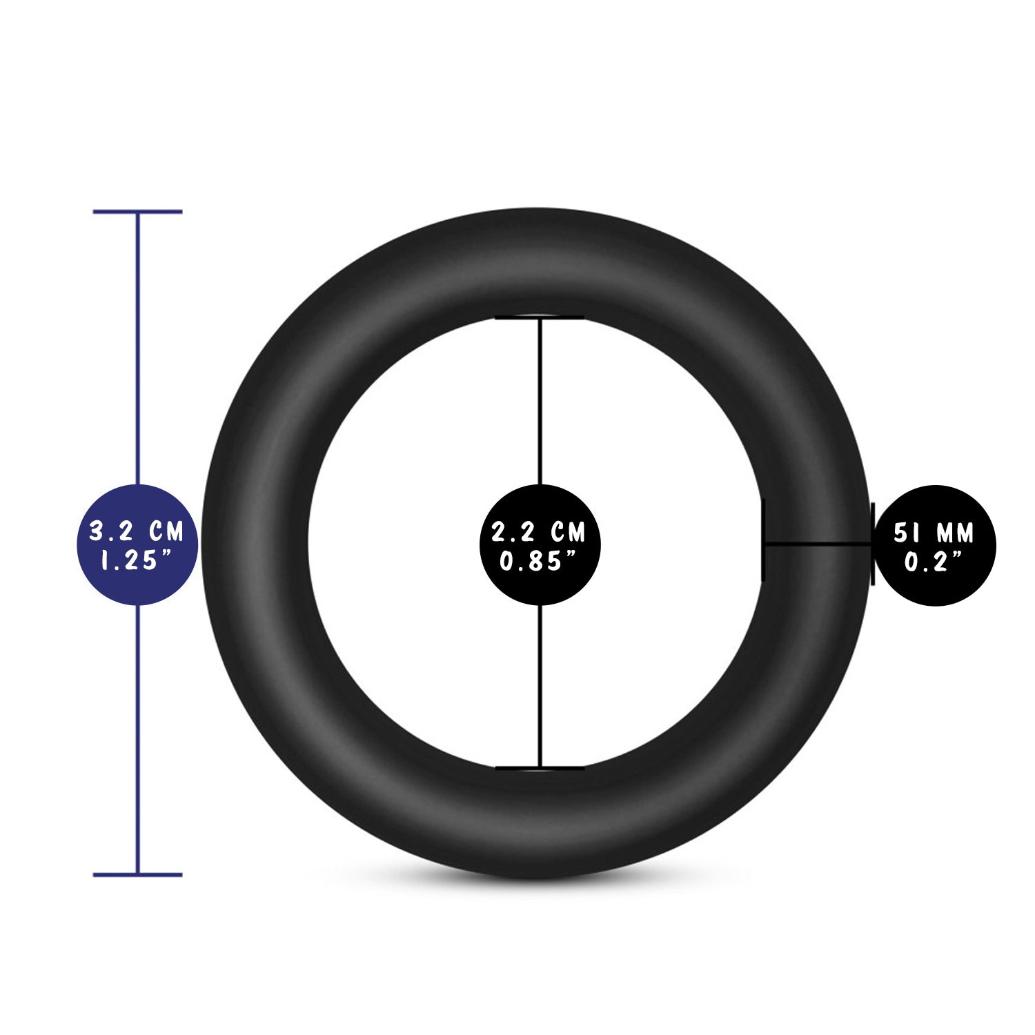 blush Performance VS2 Pure Premium Silicone Cock Rings measurements: Product width: 3.2 centimetres / 1.25 inches; Insertable width: 2.2 centimetres / 0.85 inches; Ring thickness: 51 milimetres / 0.2 inches.