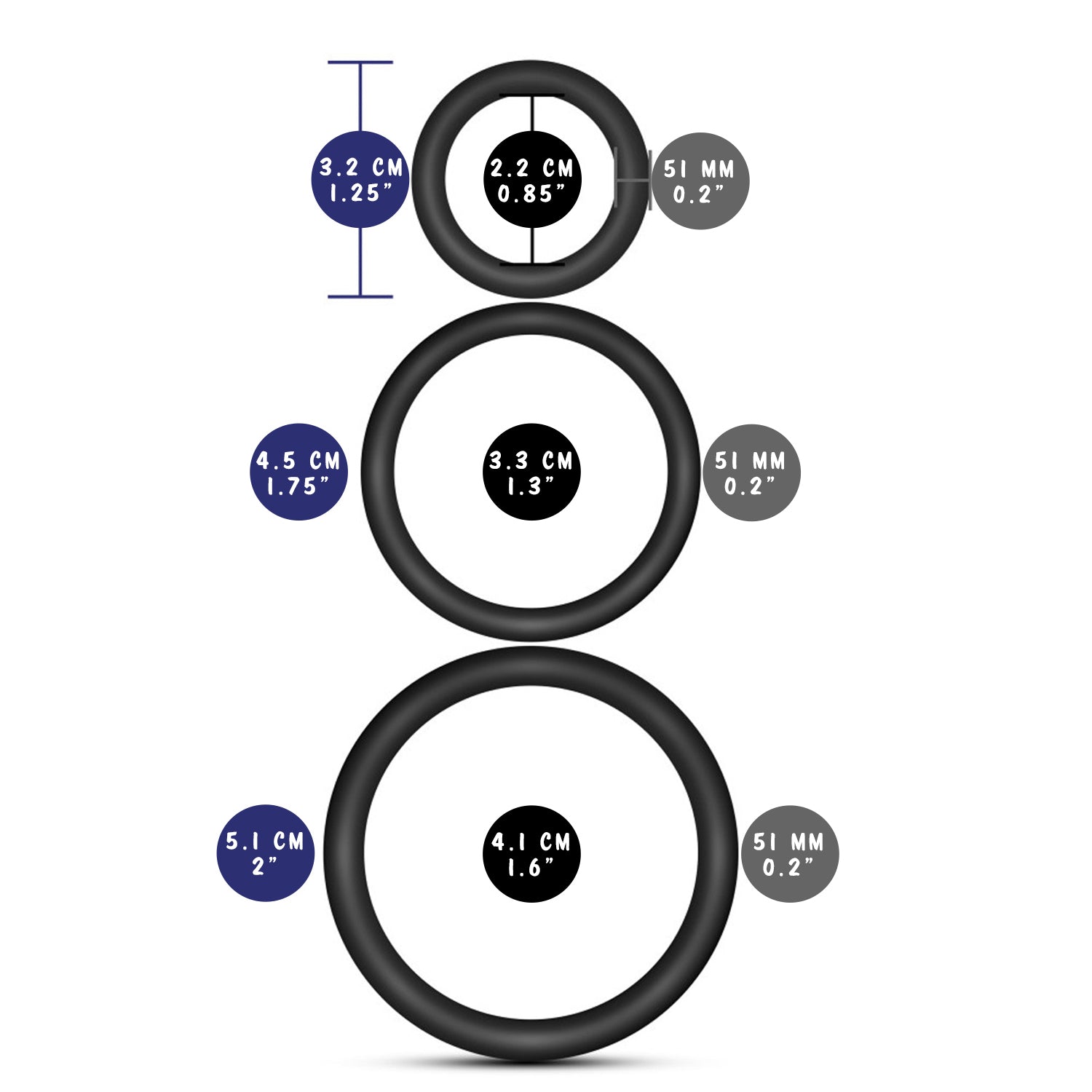 blush Performance VS4 Pure Premium Silicone Cock Rings measurements small cock ring width: 3.2 centimetres / 1.25 inches; Insertable width: 2.2 centimetres / 0.85 inches; Thickness: 51 millimetres / 0.2 inches, Medium Cock Ring width: 4.5 centimetres / 1.75 inches; Insertable length: 3.3 centimetres / 1.3 inches; Thickness: 51 millimetres / 0.2 inches, Large Cock Ring width: 5.1 centimetres / 2 inches; Insertable width: 4.1 centimetres / 1.6 inches; thickness: 51 millimetres / 0.2 inches.