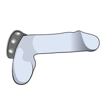 Load image into Gallery viewer, An illustration of a side view of a penis, with the blush Performance VS5 Silicone 3-Snap Cock Strap, fully strapped around the base of it, on the far left.