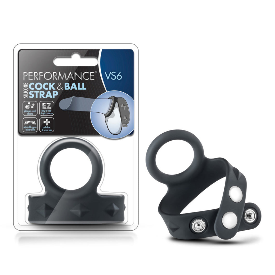 On the left side of the image is the product packaging. On the packaging is the Performance logo, product name: VS6 Silicone Cock & Balls Strap, product feature icons for: platinum cured silicone; Easy to wear & quick release; adjustable straps - universal fit; phthalate & nickel free, an illustration of the product at the base of a penis showing the placement, and the product fully visible through clear packaging at the bottom. Beside the packaging is the Back side view of the product.