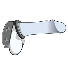 Load image into Gallery viewer, An illustrated, side view image of a penis, and the blush Performance VS6 Silicone Cock, and the blush Performance VS6 Silicone Cock &amp; Ball Strap at the base. Showing the placement, and how the product should be worn.