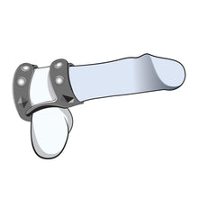 Load image into Gallery viewer, Illustration of a penis with the blush Performance VS8 Silicone Double Cock &amp; Balls Strap, showing the position, and how the product should be worn.