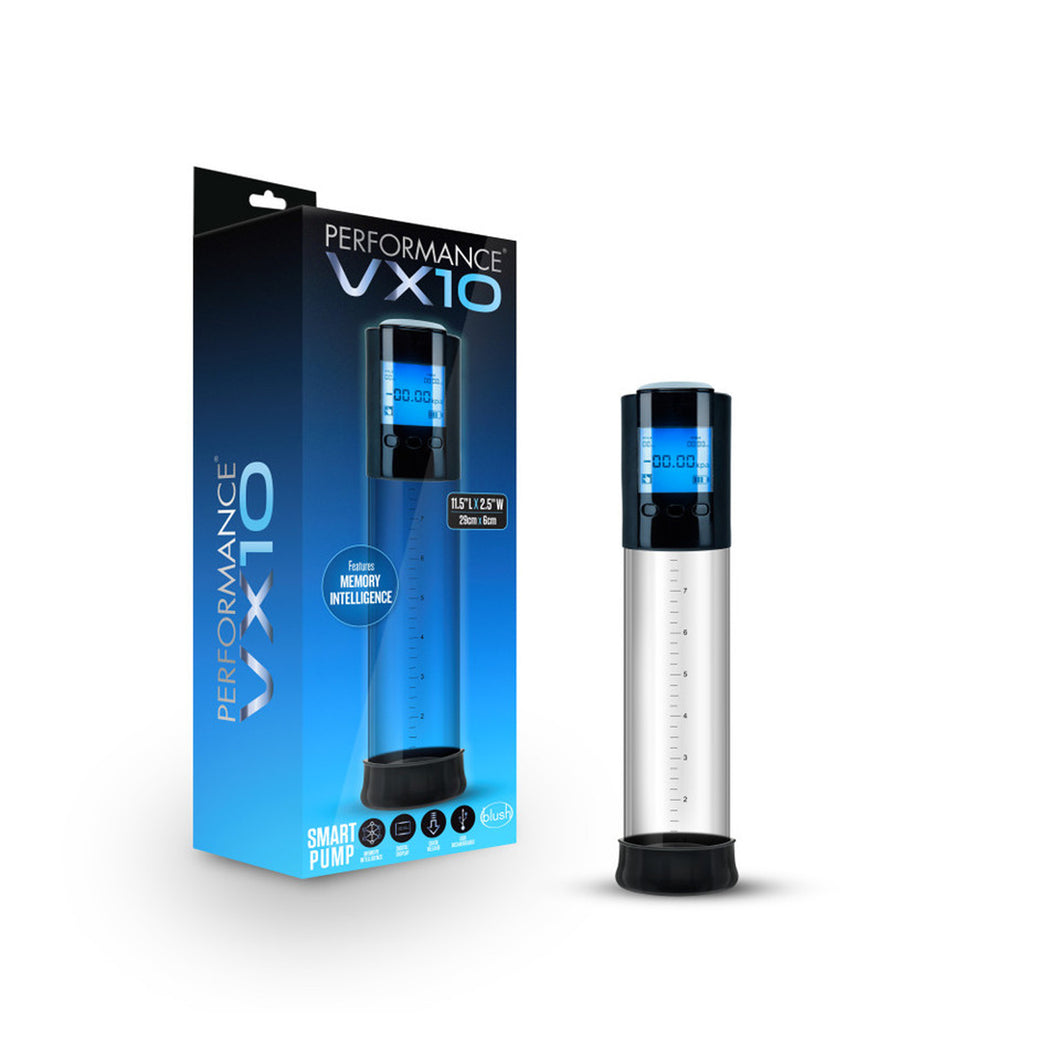 On the left side of the image is the product packaging. On the left side of packaging is the Performance logo, and model name: VX10. On the front packaging is the Performance logo, model name: VX10, an image of the product, with the LCD screen turned on, 