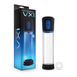 On the left side of the image is the product packaging. On the left side of the packaging is the product name: Performance VX1. On the front packaging on top is the product name: Performance VX1, an image of the product with visible controls, caption: includes 1 elastomer cock ring, and below "Penis pump system Precision engineered. Maximum results." Beside packaging is the front side view of the product, standing out of the packaging, and the cock ring standing on its side.