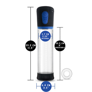blush Performance VX1 Penis Pump System measurements: Product length: 29.2 centimetres / 11.5 inches; Insertable width: 5.7 centimetres / 2.25 inches; Product width: 6.4 centimetres / 2.5 inches; Insertable length: 20.3 centimetres / 8 inches.