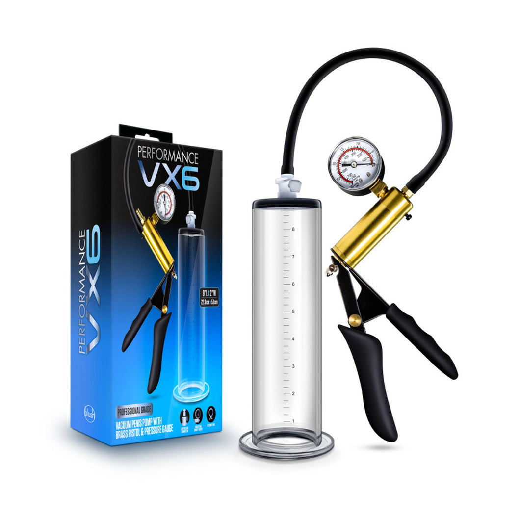 On the left side of the image is the product packaging. On the left side of packaging is Performance & blush logos, and product name VX6. On the front of the packaging is the Performance logo, Product name: VX6 Vacuum Penis Pump with Brass Pistol & Pressure Guage, an image of the product with measurements displayed: 9