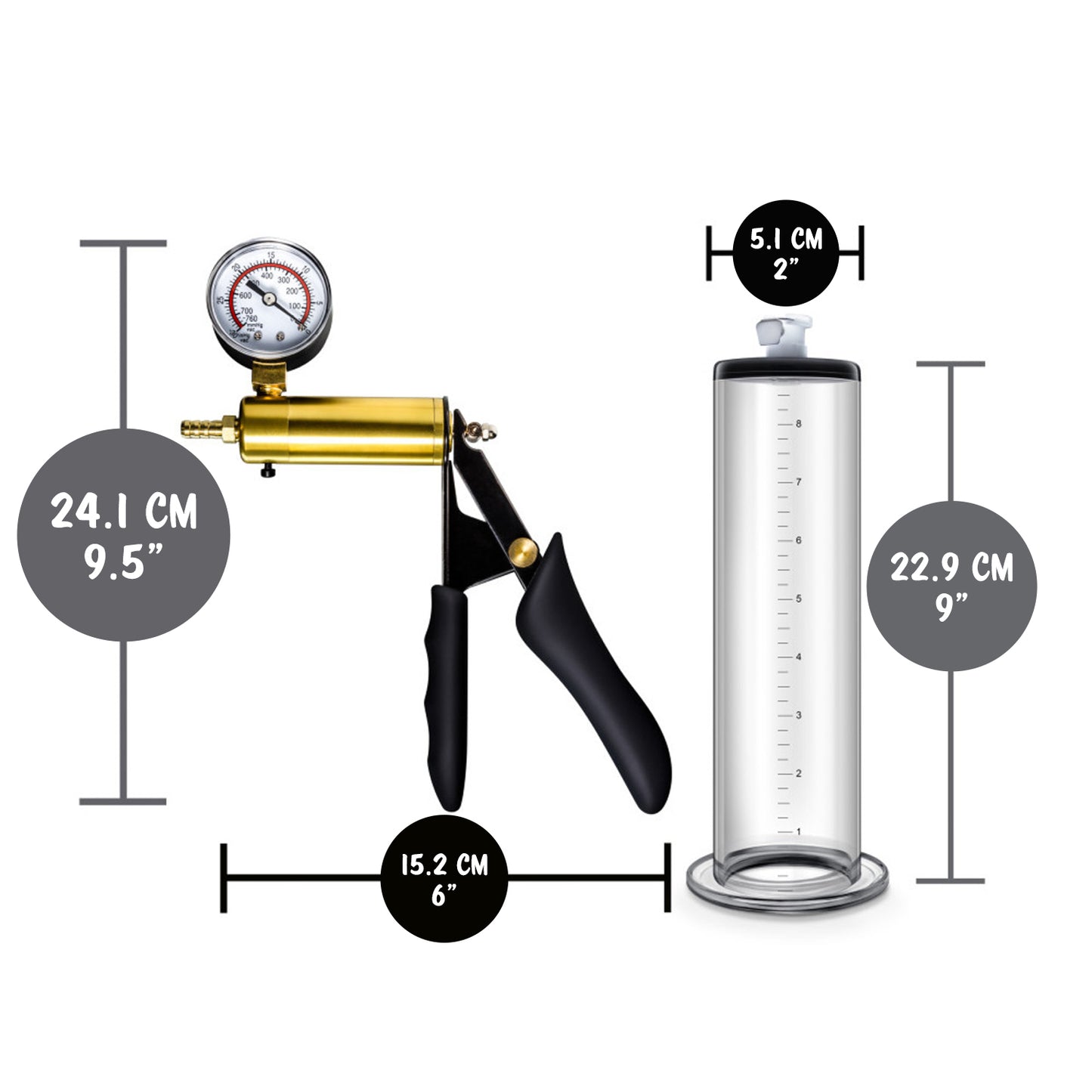 blush Performance VX6 Vacuum Penis Pump Brass Pistol Height: 24.1 centimetres / 9.5 inches; Brass Pistol length: 15.2 centimetres / 6 inches; Cylinder width: 5.1 centimetres / 2 inches; Cylinder insertable length: 22.9 centimetres / 9 inches.