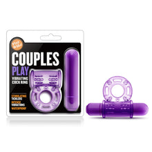 Load image into Gallery viewer, On the left side of the image is the product packaging. On the packaging is Play with Me logo, Couples Play Vibrating Cock Ring (Product name), product features: Stimulating ticklers; Intense vibrations; Waterproof, and the cock ring with bullet visible inside through clear packaging. On the right side of the image is the product blush Play with Me Couples Play Vibrating Cock Ring assembled together.