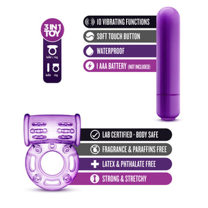 blush Play with Me Couples Play Vibrating Cock Ring 3 in 1 Toy: Bullet + ring; bullet; ring. Bullet features: 10 Vibrating functions; Soft touch button; Waterproof; 1 AAA battery (Not included). Cock Ring features: Lab certified - Body safe; Fragrance & Paraffins free; Latex & Phthalate free; Strong & Stretchy.