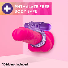 Charger l&#39;image dans la galerie, An icon for Phthalate free Body safe. Front side view of the blush Play with Me Couples Play Vibrating Cock Ring inserted on a pink dildo *Dildo not included.
