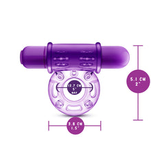Load image into Gallery viewer, blush Play with Me Couples Play Vibrating Cock Ring measurements: Product length: 5.1 centimetres / 2 inches; Product width: 3.8 centimetres / 1.5 inches; Maximum insertable Cock Ring Width: 12.7 centimetres / 5 inches.