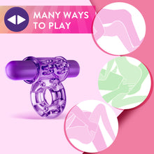 Load image into Gallery viewer, An icon for Many ways to play, on the middle left is the blush Play with Me Couples Play Vibrating Cock Ring, and on the right side are 3 illustrated images of various sex positions that the product can be used in.
