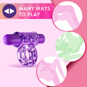 An icon for Many ways to play, on the middle left is the blush Play with Me Couples Play Vibrating Cock Ring, and on the right side are 3 illustrated images of various sex positions that the product can be used in.