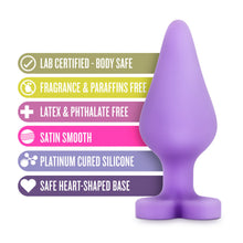 Load image into Gallery viewer, blush Play With Me Naughty Candy Hearts Do Me Now Anal Plug features: LAB CERTIFIED - BODY SAFE; FRAGRANCE &amp; PARAFFINS FREE; LATEX &amp; PHTHALATE FREE; SATIN SMOOTH; PLATINUM CURED SILICONE; SAFE HEART-SHAPED BASE.