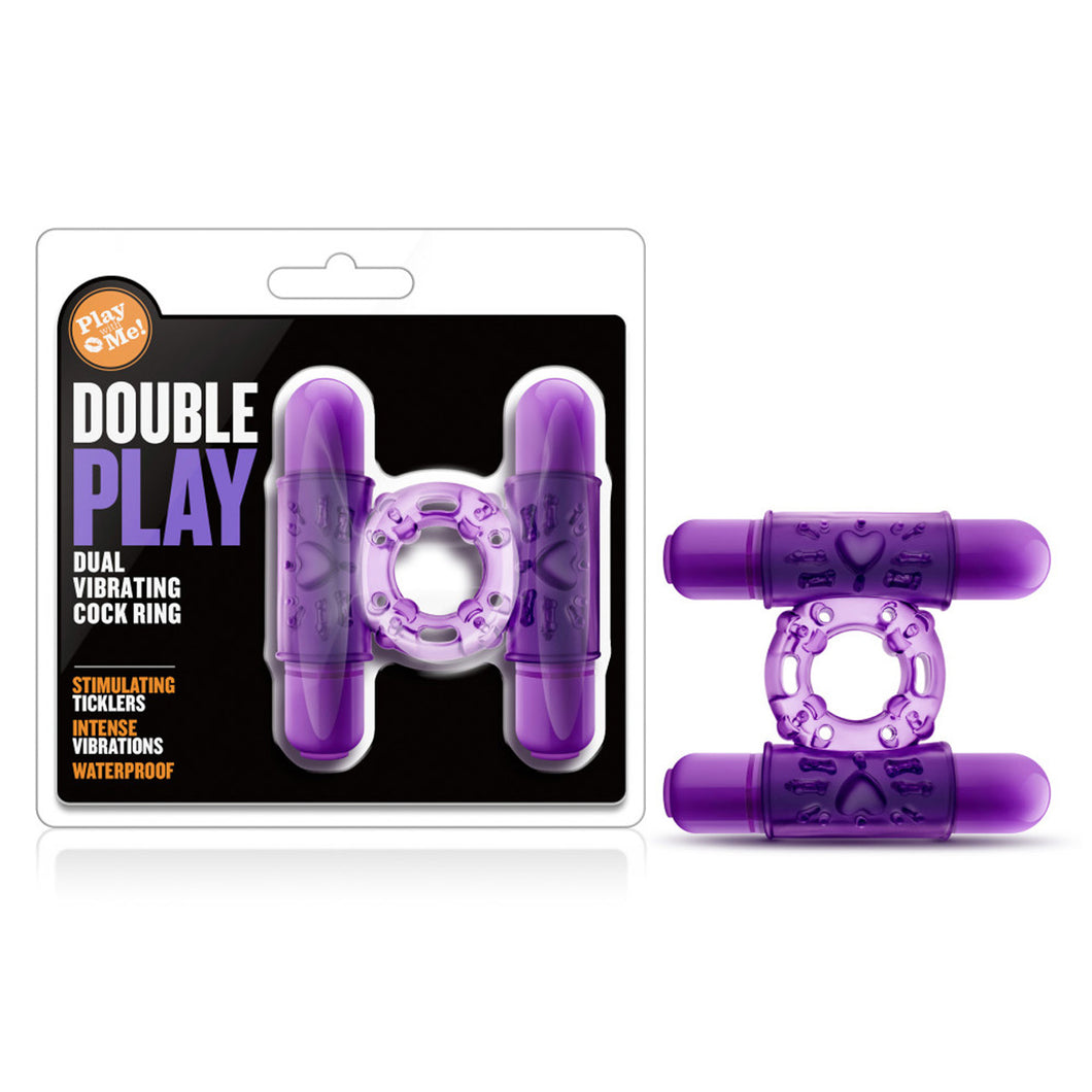 On the left side of the image is the packaging. On the package is the Play with me logo, Double Play (product name), Dual Vibrating Cock Ring, Stimulating Ticklers, Intense Vibrations, Waterproof, and on the right side of the packaging is the product visible through clear packaging. On the right side of the image is the product blush Play with Me Double Play Dual Vibrating Cock Ring.