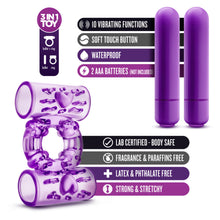 Load image into Gallery viewer, blush Play with Me Double Play Dual Vibrating Cock Ring features: An icon for 3 in 1 toy: bullet + ring; bullet; ring.  Bullet features: 10 vibrating functions; Soft touch button; Waterproof; 2 AAA batteries (Not included). Cock Ring features: Lab certified - Body safe; Fragrance &amp; Paraffins free; Latex &amp; Phthalate free; Strong &amp; Stretchy.