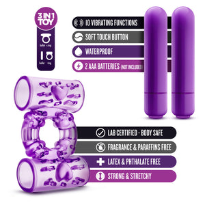 blush Play with Me Double Play Dual Vibrating Cock Ring features: An icon for 3 in 1 toy: bullet + ring; bullet; ring.  Bullet features: 10 vibrating functions; Soft touch button; Waterproof; 2 AAA batteries (Not included). Cock Ring features: Lab certified - Body safe; Fragrance & Paraffins free; Latex & Phthalate free; Strong & Stretchy.