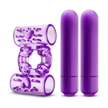 Load image into Gallery viewer, blush Play with Me Double Play Dual Vibrating Cock Ring disassembled (left to right): Cock Ring, and 2 Vibrating bullets