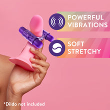 Load image into Gallery viewer, An icon for Powerful Vibrations, and Soft stretchy. An image of a women hands holding a dildo with the blush Play with Me Double Play Dual Vibrating Cock Ring wrapped around the shaft of it. (Disclaimer) *Dildo not included.\