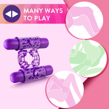 Load image into Gallery viewer, An icon for many ways to play, on the left side of the image is the product blush Play with Me Double Play Dual Vibrating Cock Ring, and on the right side are three illustrations enclosed within a circle stretching from top to bottom in a triangular pattern, the illustration demonstrates various sexual positions that the product can be used in.