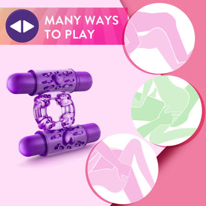 An icon for many ways to play, on the left side of the image is the product blush Play with Me Double Play Dual Vibrating Cock Ring, and on the right side are three illustrations enclosed within a circle stretching from top to bottom in a triangular pattern, the illustration demonstrates various sexual positions that the product can be used in.